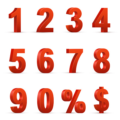 Red numbers and symbols 3D illustrations set. Volumetric digits from zero to nine, percent and dollar symbols. Shopping sale, discount offer decorative design elements isolated on white background