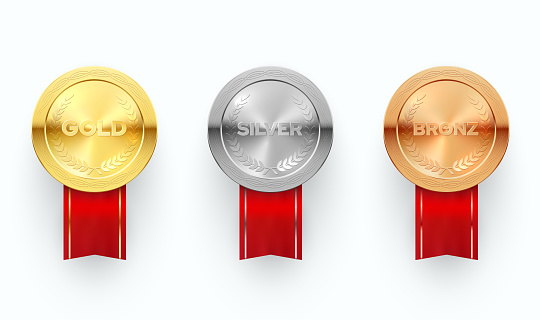 Round prize medals realistic vector illustrations set. Gold, silver and bronze trophy for first, second and third places. Championship win, contest victory symbols. Winner, champion attributes
