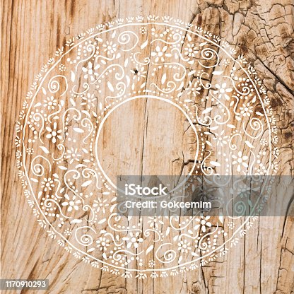 istock Boho Frame Background with White Lace Stencil On Shabby Wood Wall. Shabby Wooden Background. Grunge Texture, Painted Surface. Coastal Background. 1170910293