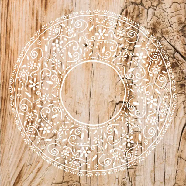 Vector illustration of Boho Frame Background with White Lace Stencil On Shabby Wood Wall. Shabby Wooden Background. Grunge Texture, Painted Surface. Coastal Background.
