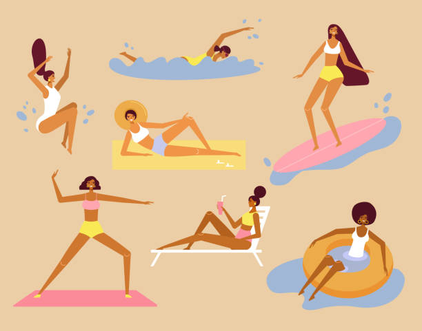 коллекция летних женских персонажей. иллюстрация вектора - women exercising swimming pool young women stock illustrations