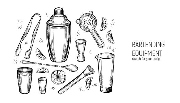 ilustraciones, imágenes clip art, dibujos animados e iconos de stock de conjunto de equipos bartending. shaker, jigger, cuchara, vaso mezclador, muddler, colador, pinzas de hielo. dibujo dibujado a mano. - bartender