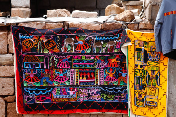 Colored fabrics in the village of Toconao, San Pedro de Atacama, Chile stock photo