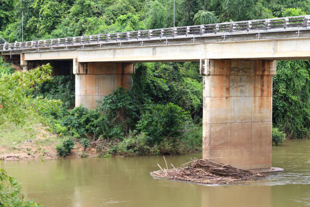 A bridge over the river that has wood chips at bunting bridge.