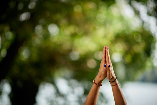 Picture of female`s hands in praying position. Yoga exercising in nature concept.