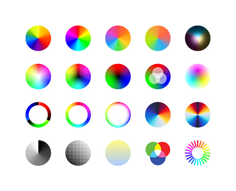 Set of Color wheels palette. RGB, RYB, CYMK system. Color theory infographics layout palette. Color harmony. Red Blue Yellow.