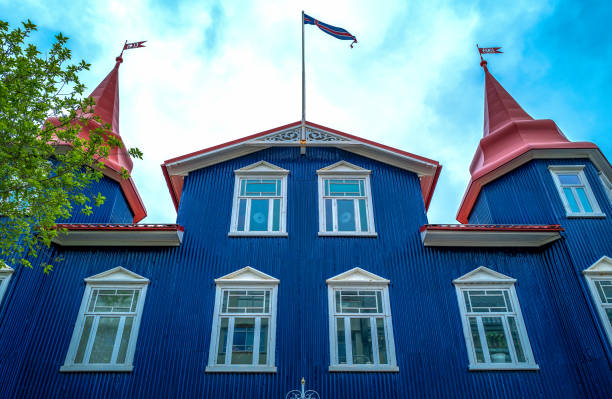 Iceland, natural wonders and traditions Akureyri, Iceland - June 2, 2019:  Traditional wooden architecture in the old town akureyri stock pictures, royalty-free photos & images