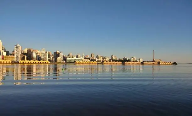 Closer view of Porto Alegre's cityscape and the Cais Mauá harbor, Rio Grande do Sul state.