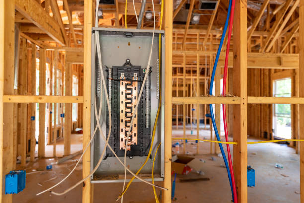 Electrical circuit breaker panel in new home under construction stock photo