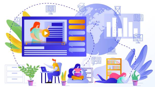 istock Design concept of the online education. Flat vector illustration showing people studying at home or office. 1170938695
