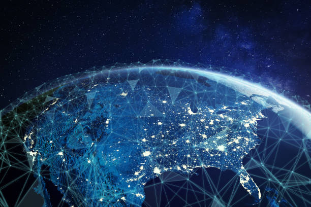 Telecommunication network above North America and United States viewed from space for American 5g LTE mobile web, global WiFi connection, Internet of Things (IoT) technology or blockchain fintech Telecommunication network above North America and United States viewed from space for American 5g LTE mobile web, global WiFi connection, Internet of Things (IoT) technology or blockchain fintech. Some elements from NASA (https://eoimages.gsfc.nasa.gov/images/imagerecords/57000/57752/land_shallow_topo_2048.jpg) north america stock pictures, royalty-free photos & images