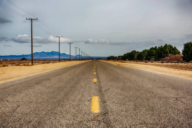 Long stretch of Route 66 in eastern San Bernadino County, California.