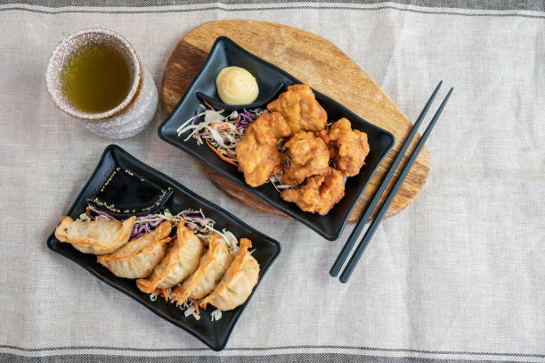 istock Karaage chicken deep fried with Gyoza dumplings and hot tea on cloth 1170941620