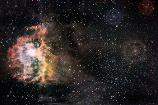 Bright abstract background with many different stars, glowing nebulae and cloud formations in deep space