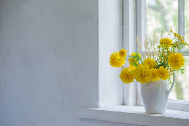 Diffused soft view of a typical wooden shuttered window with flowers at an agriturisimo; San Quirico; Val D'Orcia; Tuscany; Italy; Europe