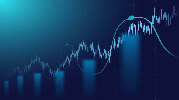 abstraktes finanzdiagramm mit aufwärtstrendlinie und balkendiagramm des aktienmarktes auf blauem hintergrund - bar graph stock-grafiken, -clipart, -cartoons und -symbole