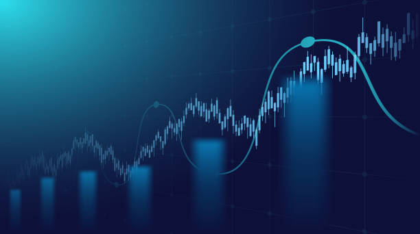 ilustrações, clipart, desenhos animados e ícones de gráfico financeiro abstrato com linha de tendência ascendente e carta de barra do mercado de valores de stock no fundo azul da cor - bar graph