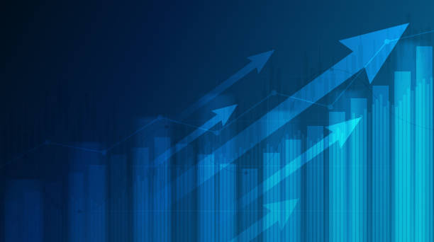 stockillustraties, clipart, cartoons en iconen met abstracte financiële grafiek met uptrend lijn en pijlen in aandelenmarkt op blauwe kleur achtergrond - groei