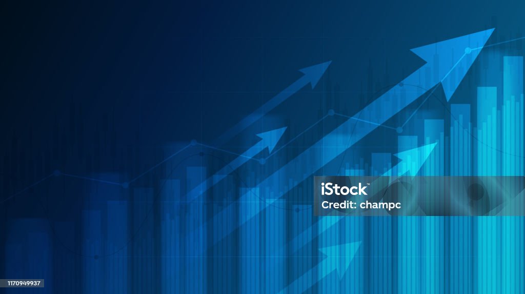Abstrakt finansiell graf med uptrend linje och pilar på aktiemarknaden på blå färg bakgrund - Royaltyfri Tillväxt vektorgrafik