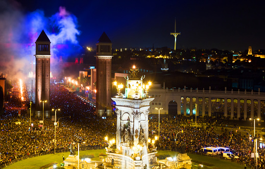 General view on Placa Espana in Barcelona during New Year celebrations