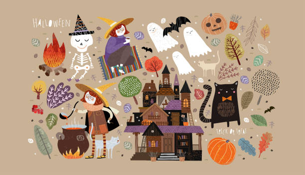 set von niedlichen objekten für happy halloween. vektor-illustrationen einer burg, einer hexe, einem geist, einem skelett, einem kürbis, einer fledermaus, einer haustierkatze, bäumen, pflanzen und einem lagerfeuer mit einem trank - kids halloween background stock-grafiken, -clipart, -cartoons und -symbole