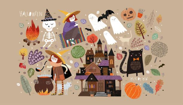 illustrations, cliparts, dessins animés et icônes de ensemble d'objets mignons pour l'halloween heureux. illustrations de vecteur d'un château, d'une sorcière, d'un fantôme, d'un squelette, d'une citrouille, d'une chauve-souris, d'un chat de compagnie, d'arbres, de plantes et d'un feu de joie avec une pot - groupe dobjets illustrations