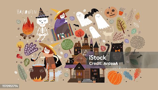 istock Set of cute objects for Happy Halloween. Vector illustrations of a castle, a witch, a ghost, a skeleton, a pumpkin, a bat, a pet cat, trees, plants and a bonfire with a potion 1170951714