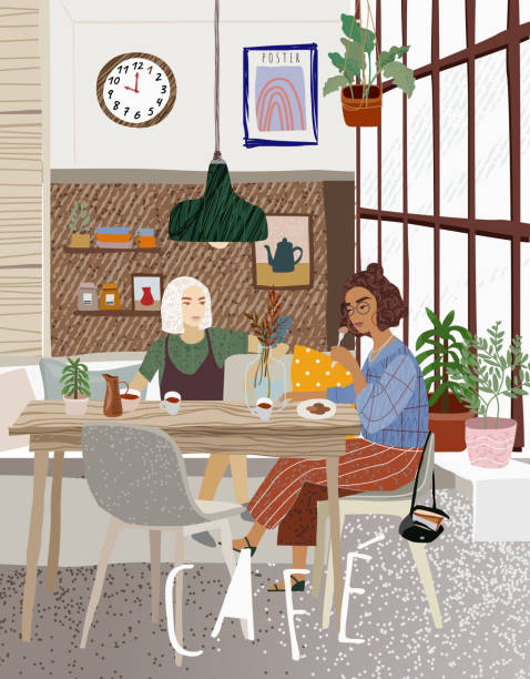 ilustrações, clipart, desenhos animados e ícones de cafe. vector a ilustração bonito dos povos em uma tabela em um restaurante no interior. amigos que encontram-se no pequeno almoço, almoço ou jantar em uma casa de café na moda. as mulheres falam e bebem o café - latté coffee coffee shop art