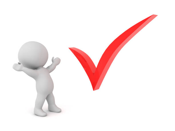 3D Character is excited looking at red checkmark. 3D Rendering isolated on white.