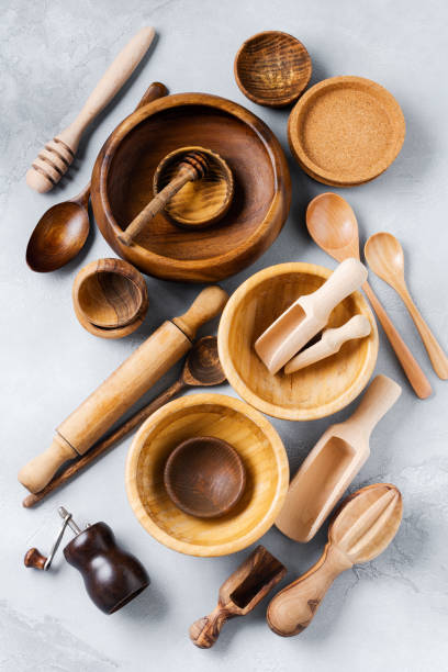 istock Wooden empty dishes for cooking on gray concrete background. Zero waste concept. Flat lay. 1170956451