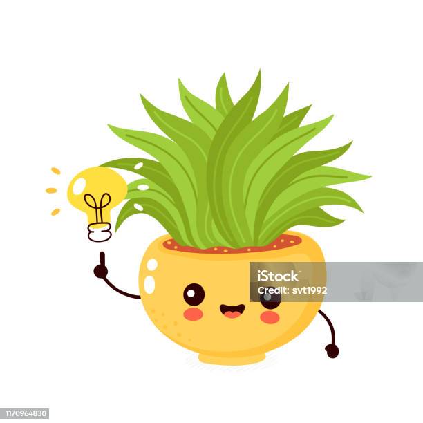 Cute Happy Smiling Plant In Pot With Light Bulb Stock Illustration
