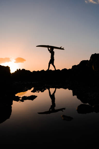 un surfeur mâle au coucher du soleil vient avec une planche de surf au-dessus des falaises de l'océan. j'attends la vague. silhouet d'un sportif aux rayons d'un soleil chaud d'été. camp de surf. - surfing men hawaii islands wave photos et images de collection