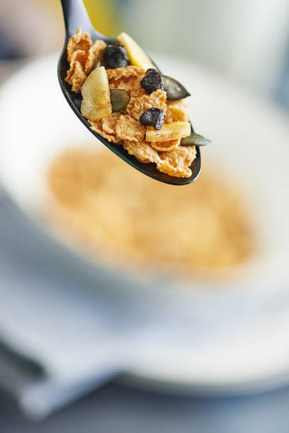 Blueberry and banana breakfast cereal still life close-up