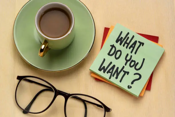 What do you want? Handwriting on a note with a cup of coffee. Personal development, aspiration and career concept.