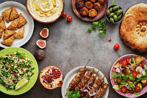 istock Assorted variety of Arabic and Middle Eastern food on a dark rustic background. Hummus,tabbouleh salad, Fattoush salad,pita,meat kebab,falafel,baklava. Frame of Arabian dishes.Top view,copy space 1170966363