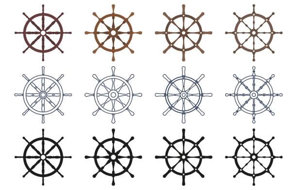 набор рулевых или лодочных колес в разном стиле - красочный, контурный, монохромный. концепция путешествия. руль, символ руля. шаблонный диз� - wood yacht textured nautical vessel stock illustrations