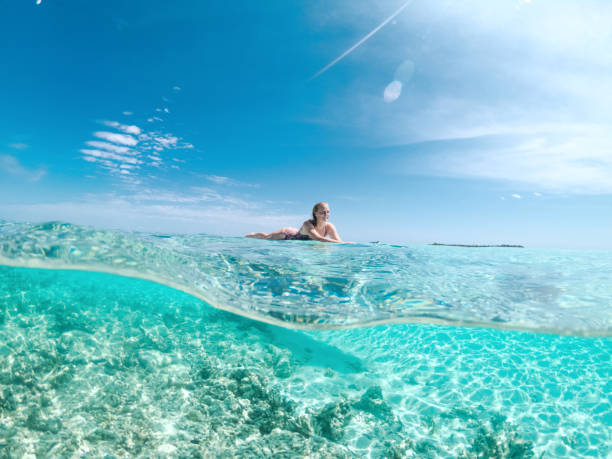 istock Young Woman on Paddle Board in Blue Ocean 1170970556