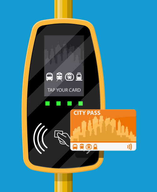 Terminal and passenger transport card. Terminal and passenger transport card. Airport, metro, bus, subway ticket terminal validator. Wireless, contactless or cashless payments, rfid nfc. Vector illustration in flat style contactless airport stock illustrations
