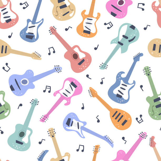 Guitar collection. Electric guitar, bass guitar, classical guitar. Vector seamless pattern Guitar collection. Electric guitar, bass guitar, classical guitar. Vector seamless pattern in flat and cartoon style bass guitar wallpaper stock illustrations