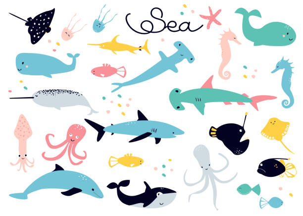 illustrations, cliparts, dessins animés et icônes de collection scandinave de dessins de dessin animé sur le thème des animaux marins - anglerfish sea fish underwater