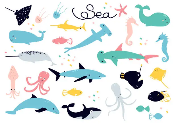 Vector illustration of Scandinavian cartoon collection of vector drawings on the theme of sea animals