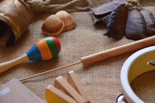 Musical instruments for babies and children: maraca, cowbell, tambourine, flute, music box, shaker, sea shell, seed rattle and castanet with handle