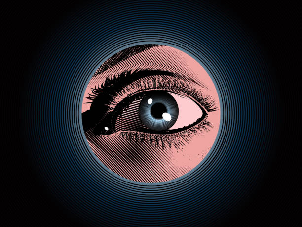 ilustraciones, imágenes clip art, dibujos animados e iconos de stock de dibujo de ojo espía grabado con ilustración a color - surveillance human eye security privacy