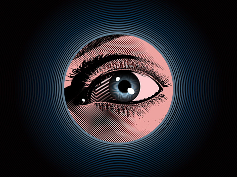 Color engraving drawing human eye hidden spy in the dark blue hole background illustration with mystery and detective mood
