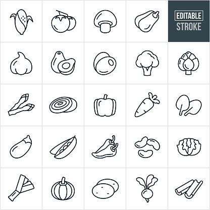A set of vegetable icons that include editable strokes or outlines using the EPS vector file. The icons include corn on the cob, tomatoes, mushroom, squash, garlic, avocado, olives, broccoli, artichoke, asparagus, onion, bell pepper, carrot, spinach, eggplant, peas, jalapeno peppers, beans, lettuce, leek, pumpkin, potatoes, radish, beat and celery.