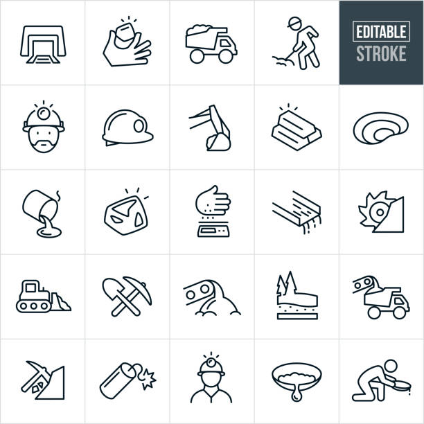 Gold Mining Thin Line Icons - Editable Stroke A set of gold mining icons. The icons include miners mining, mine shaft, gold nugget, dump truck, worker working using shovel, worker wearing miners hat, hard hats, excavator, gold bars, pit mine, smelter, molten gold, scale, sleuth box, bulldozer, pick, shovel, dynamite and panning for gold to name just a few. mineral stock illustrations