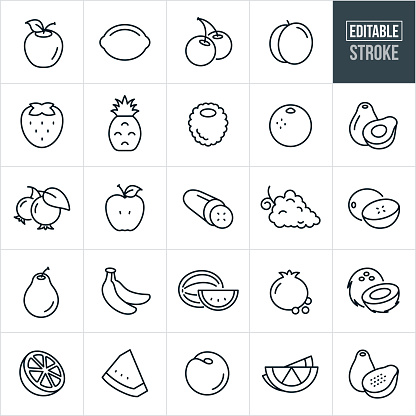 A set of fruit icons that include editable strokes or outlines using the EPS vector file. The icons include an apple, lemon, lime, cherries, peach, strawberry, pineapple, raspberry, blackberry, blueberries, orange, avocado, cucumber, grapes, cantaloupe, pear, bananas, watermelon, pomegranate, coconut and papaya.