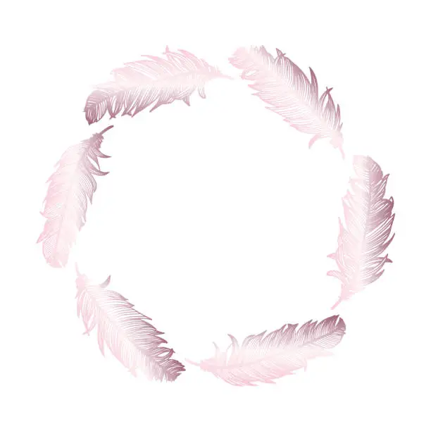 Vector illustration of Rose Gold Feathers Wreath. Design Element for Greeting Cards and Wedding, Birthday and other Holiday and Summer Invitation Cards Background.