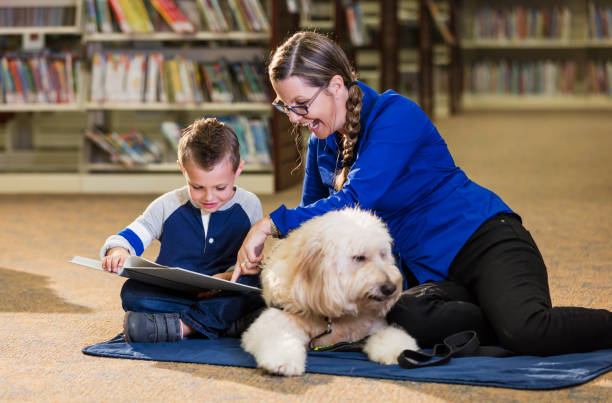 istock Little boy reading in library with therapy dog 1170986928