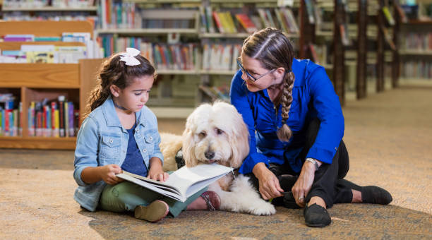 istock Hispanic girl reading in library with therapy dog 1170987615